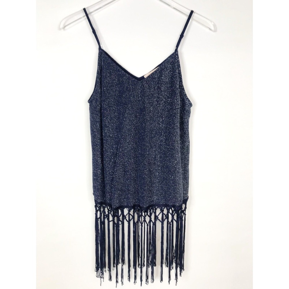Skies Are Blue Top Womens Small Blue Crop Tank Fringe Sparkly Sheer Fairy Grunge